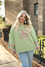 Pistachio 3/4 Sleeve Flower Patch Top