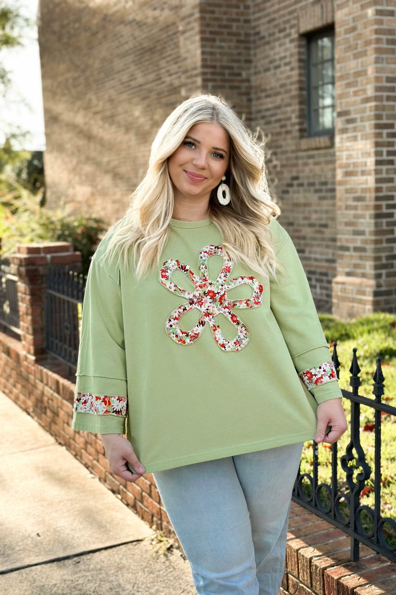 Pistachio 3/4 Sleeve Flower Patch Top