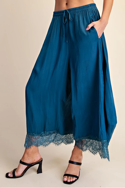 Teal wide leg pants with side pocket and lace hem