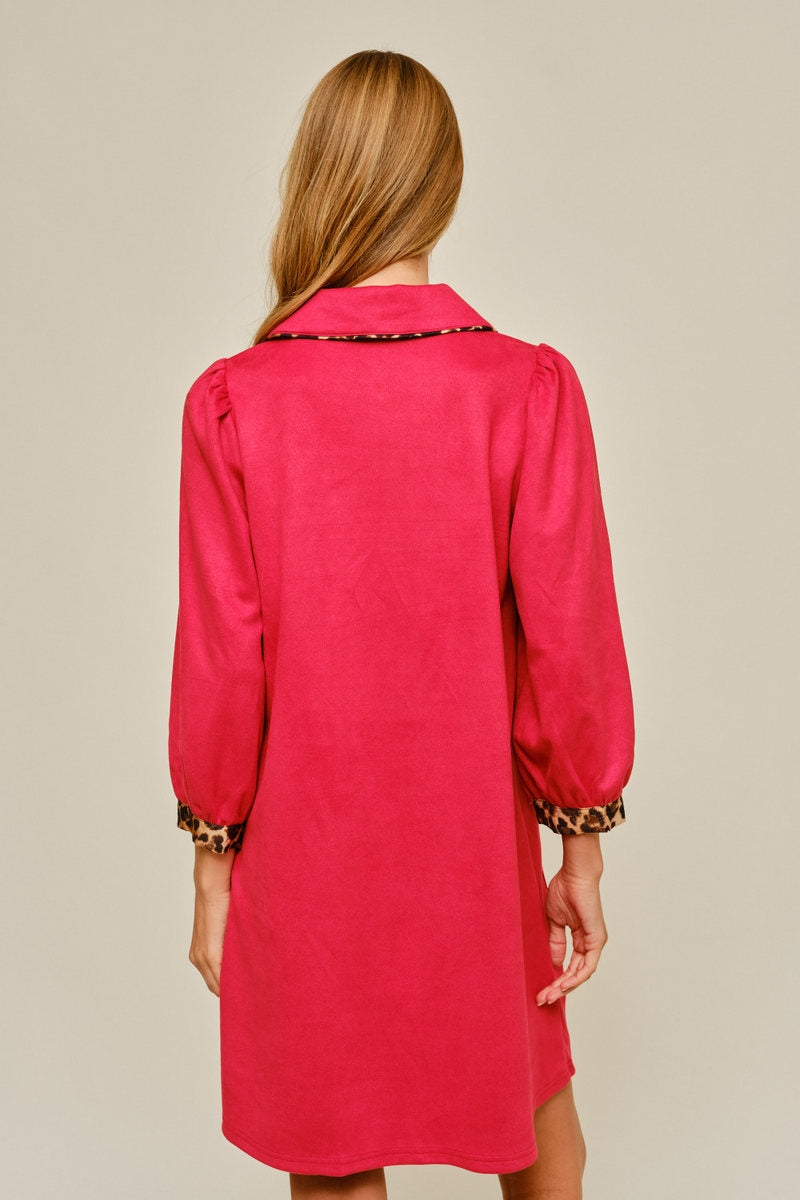 Jodifl Faux Suede Leopard Trim Dress in Red