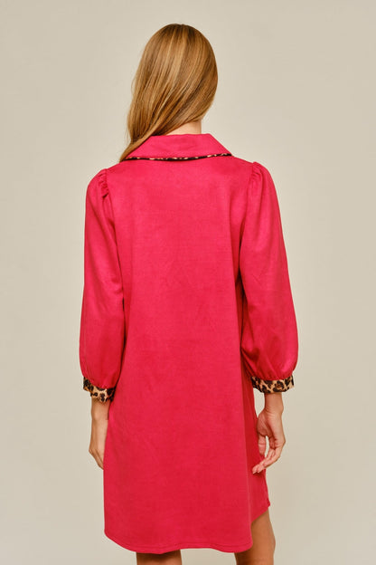 Jodifl Faux Suede Leopard Trim Dress in Red