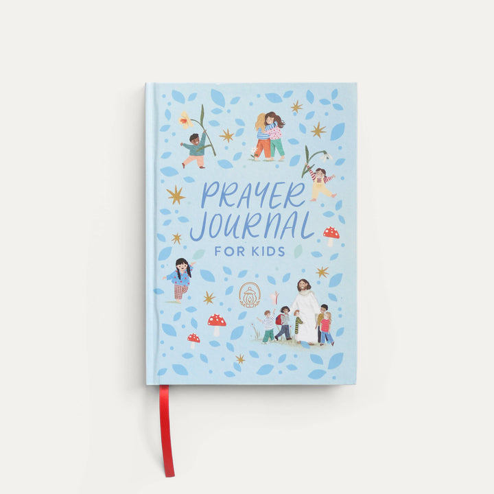 Kids prayer journal cover, blue art with 'Prayer Journal for Kids', red ribbon bookmark
