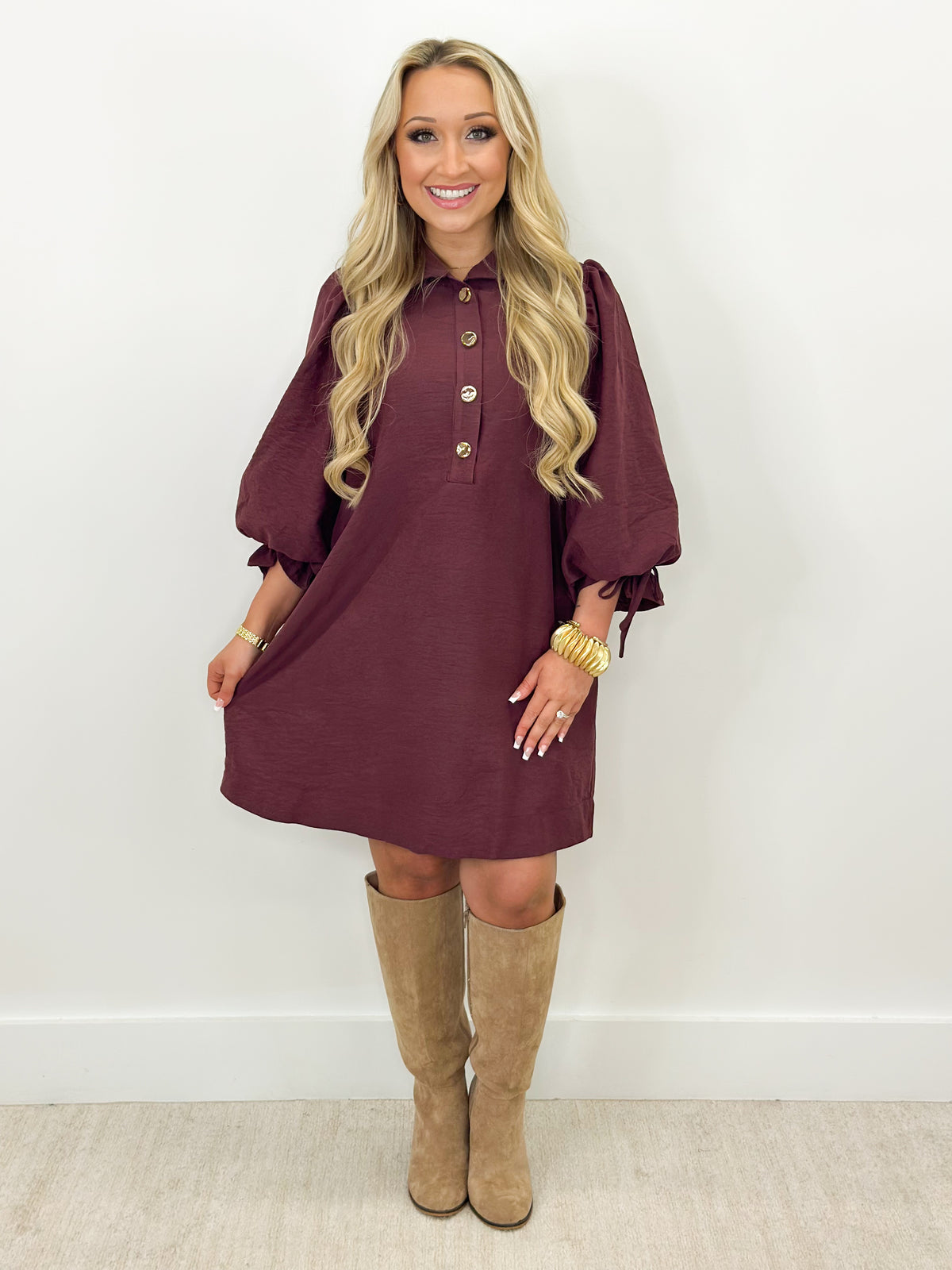 Merlot button-front mini dress with stand collar and ruffled balloon sleeves, with boots