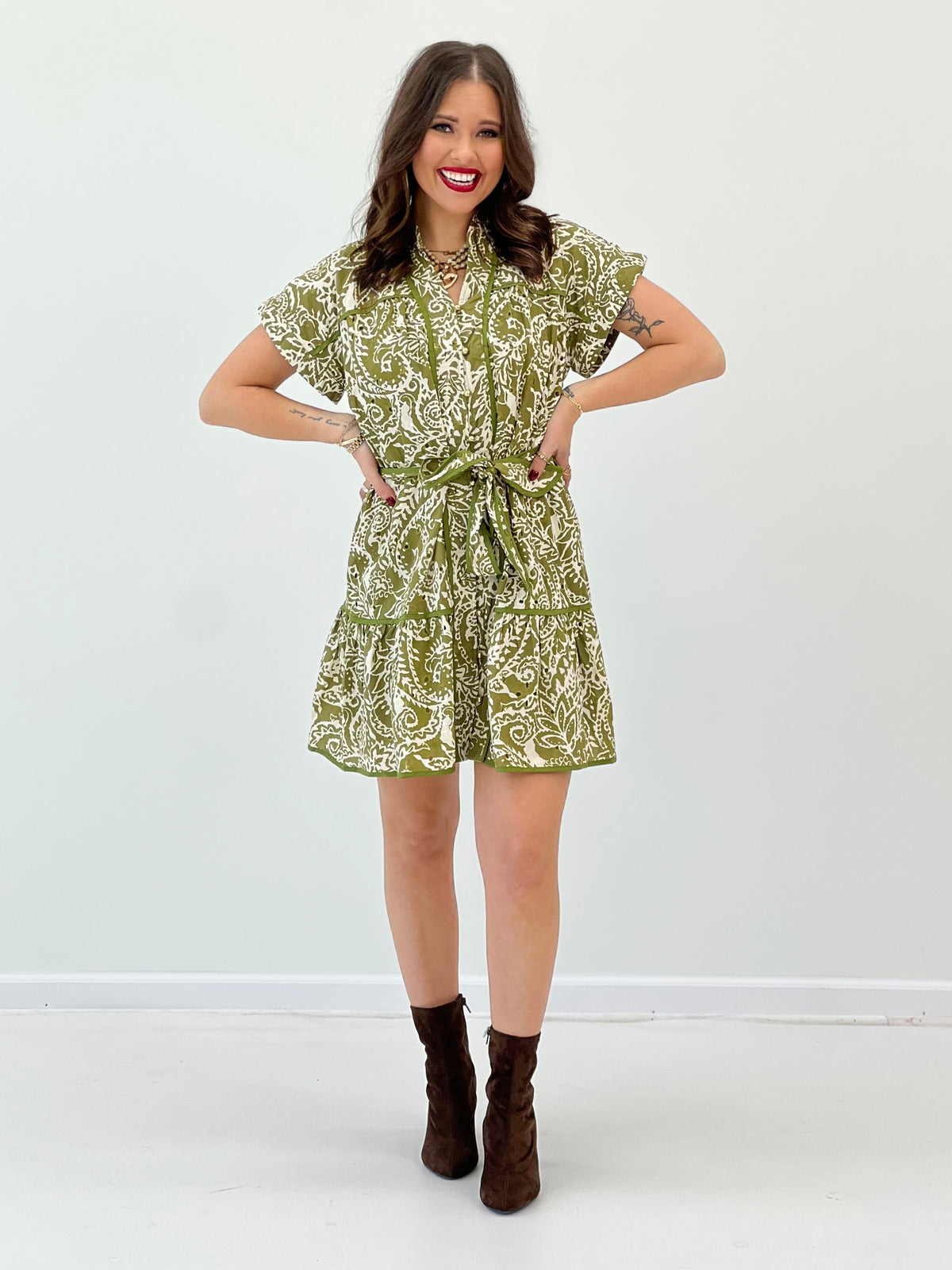 Olive printed tiered belted shirt mini dress with short sleeves and collar