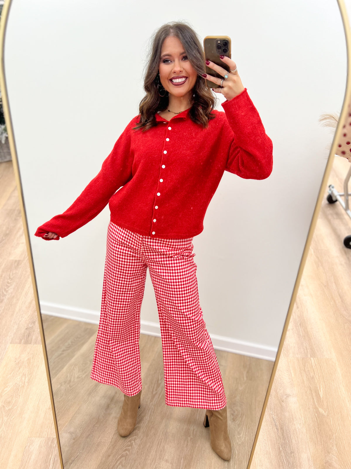 Red button-front long-sleeve cardigan with point collar and white front buttons