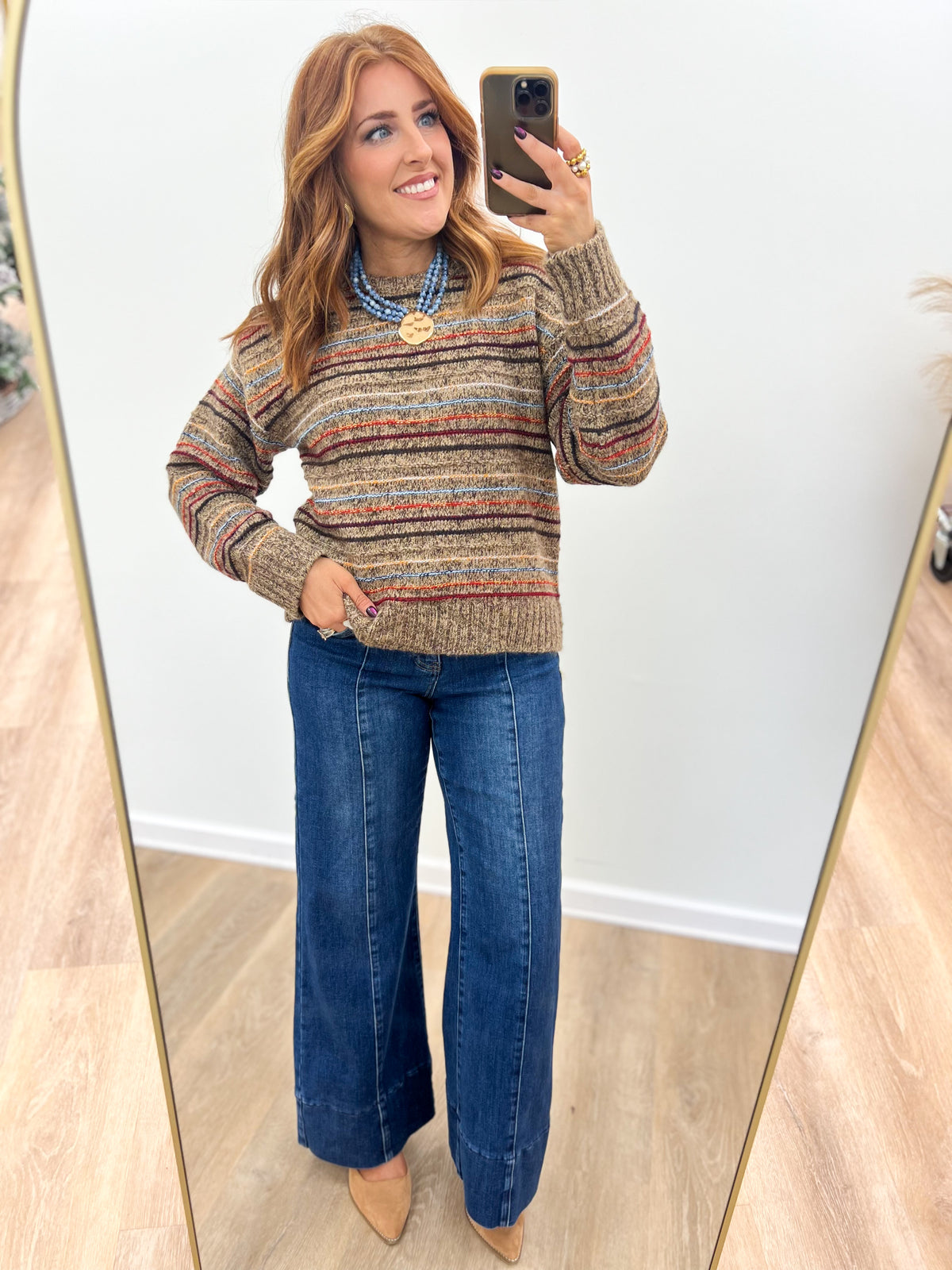 Striped brushed knit sweater, crewneck, long sleeves, ribbed cuffs and hem, multicolor
