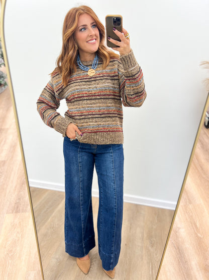 Striped brushed knit sweater, crewneck, long sleeves, ribbed cuffs and hem, multicolor
