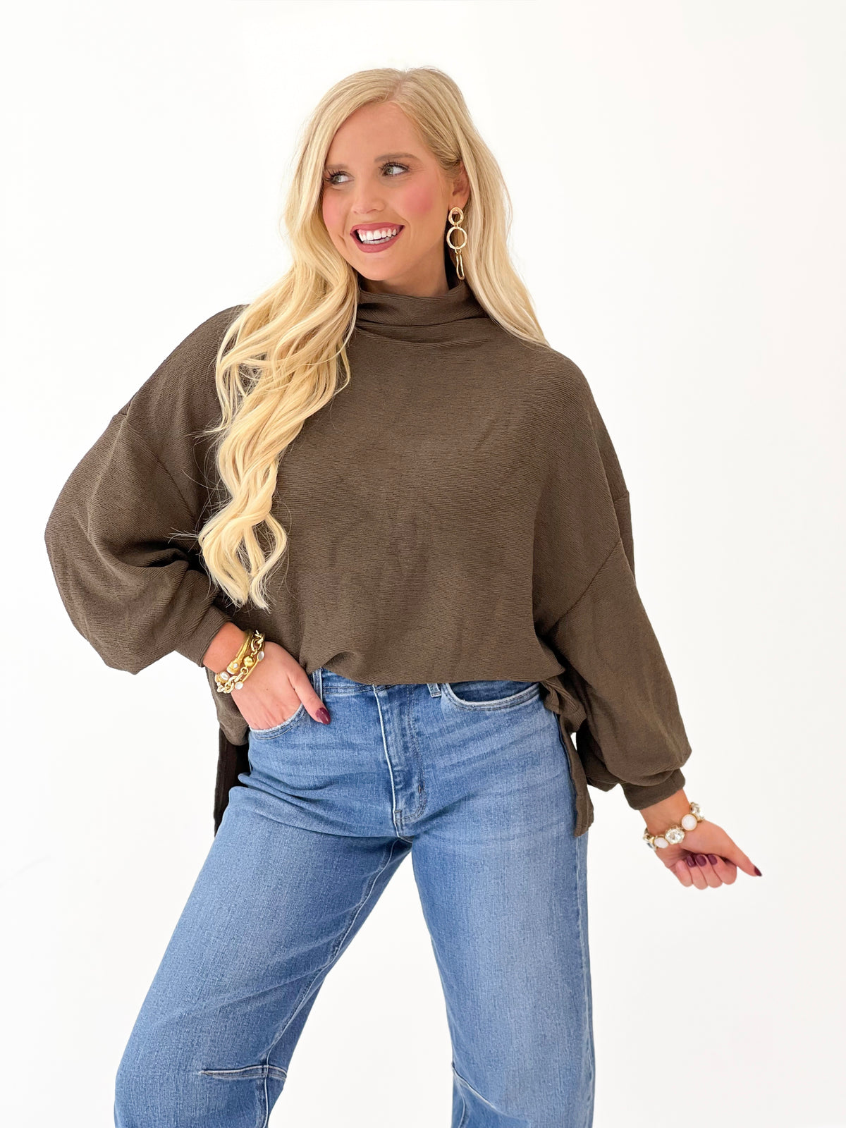 Mock neck balloon sleeve knit top, dark taupe
