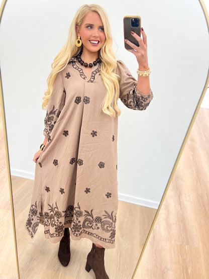 Umgee Embroidered Wide Open Collar Midi Dress with Pockets