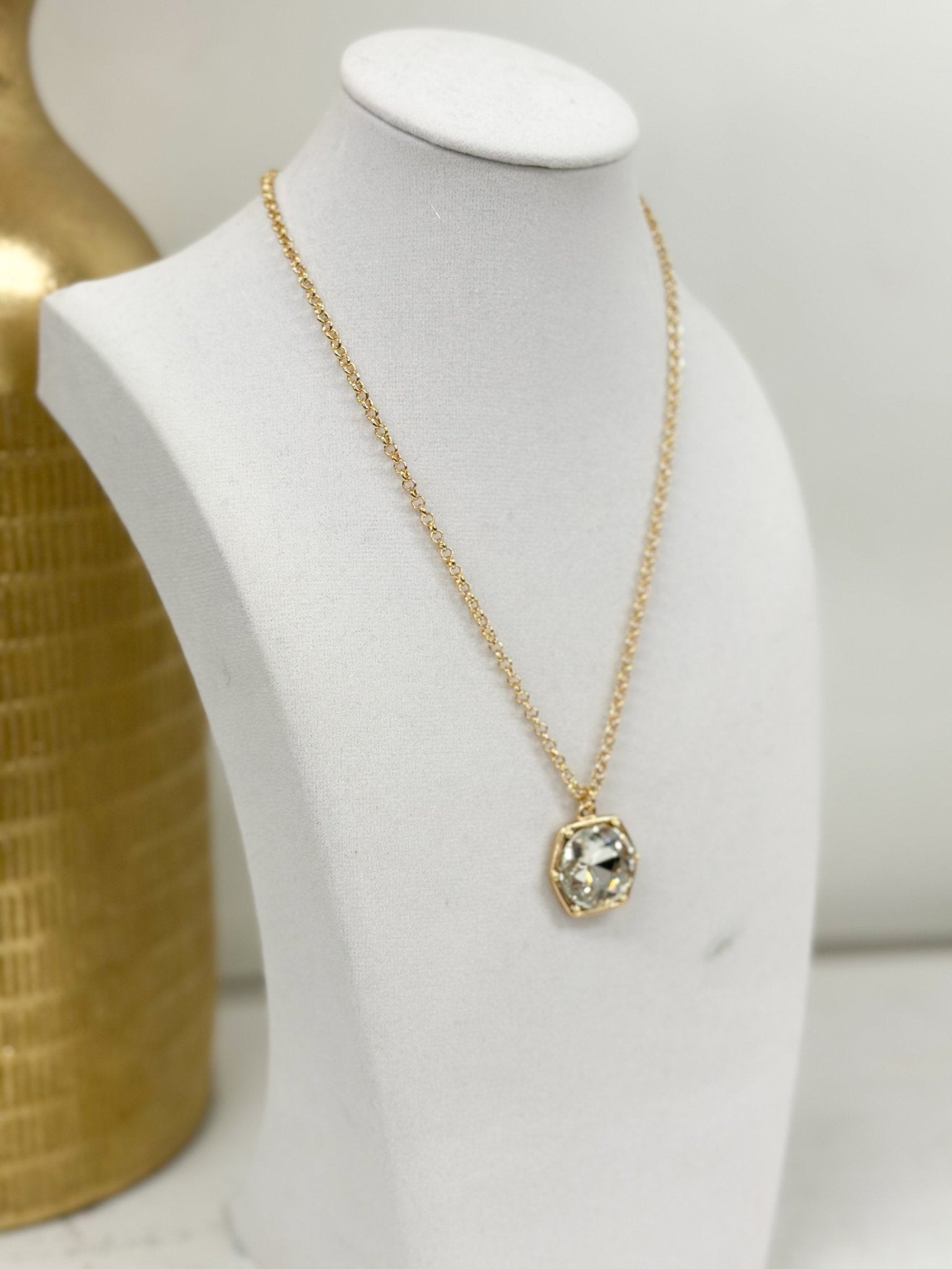 Necklace of faceted clear hexagonal glass stones
