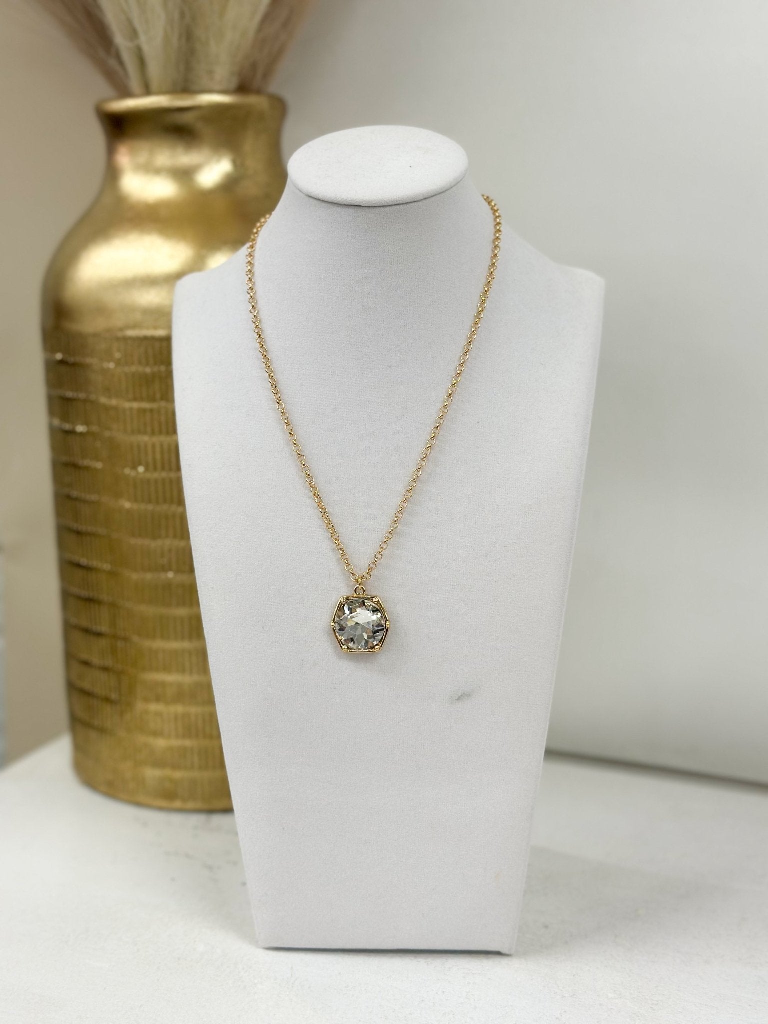 Hexagon-cut clear glass stone necklace