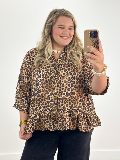 Curvy leopard print button-down top with frilled hem and short sleeves, front buttons