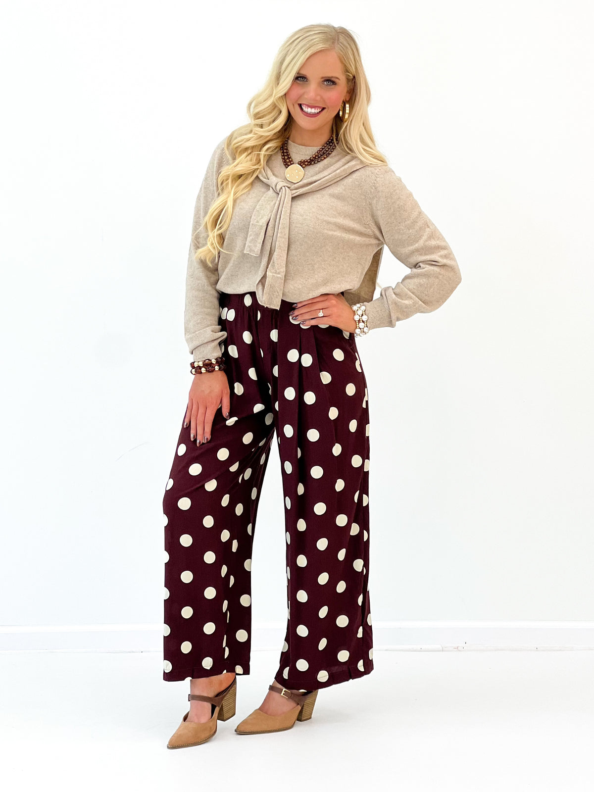 Umgee Polka Dot High Waist Pleated Wide Leg Pants