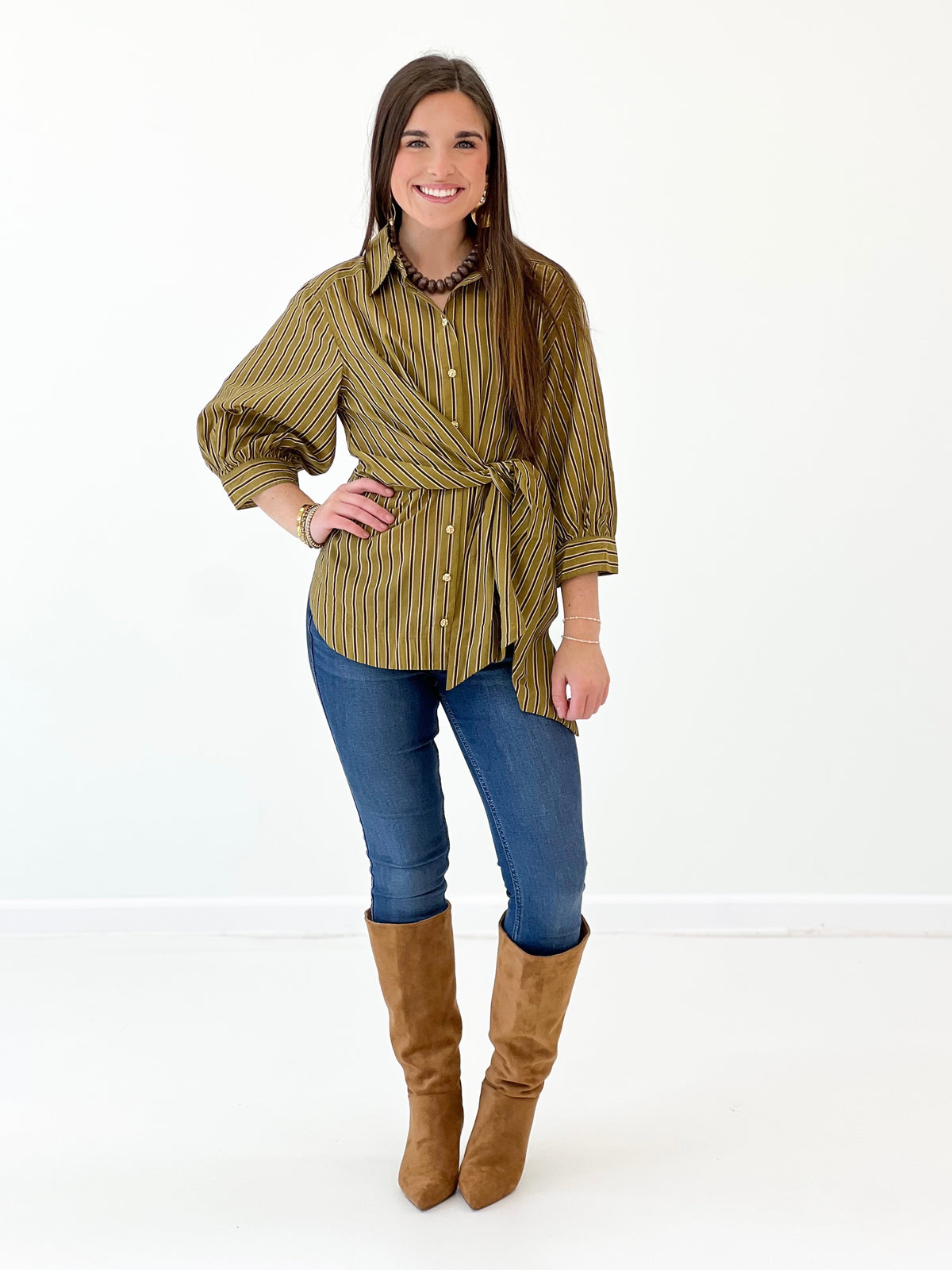 Olive striped blouse with tied waist and button placket, three-quarter sleeves