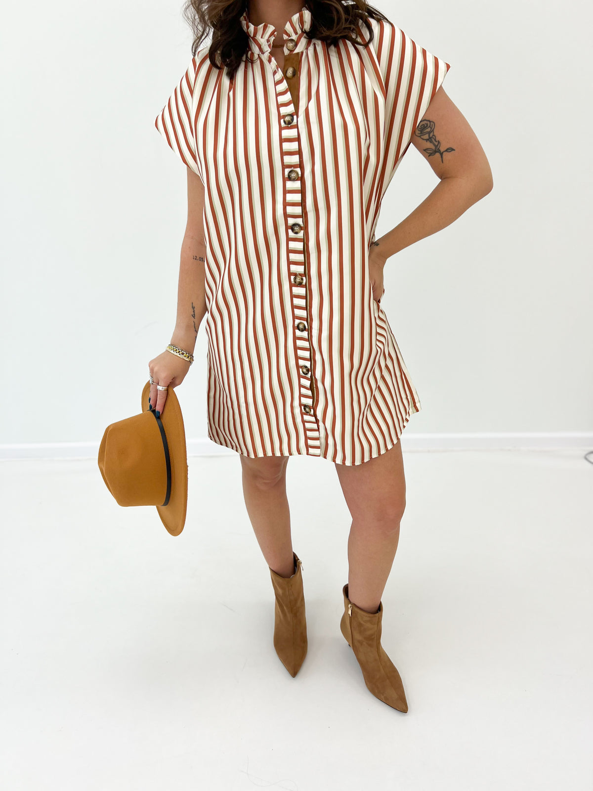 Heimish Striped Ruffle Mock Neck Button Front Mini Dress