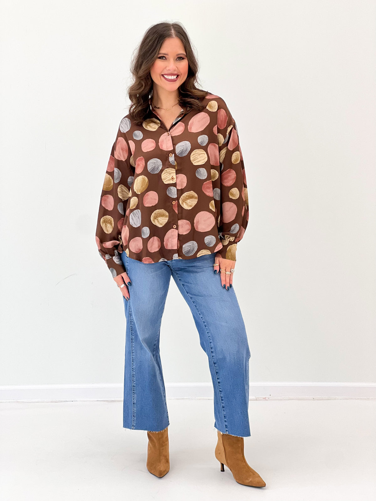 Fate Polka Dot Satin Button Down Top