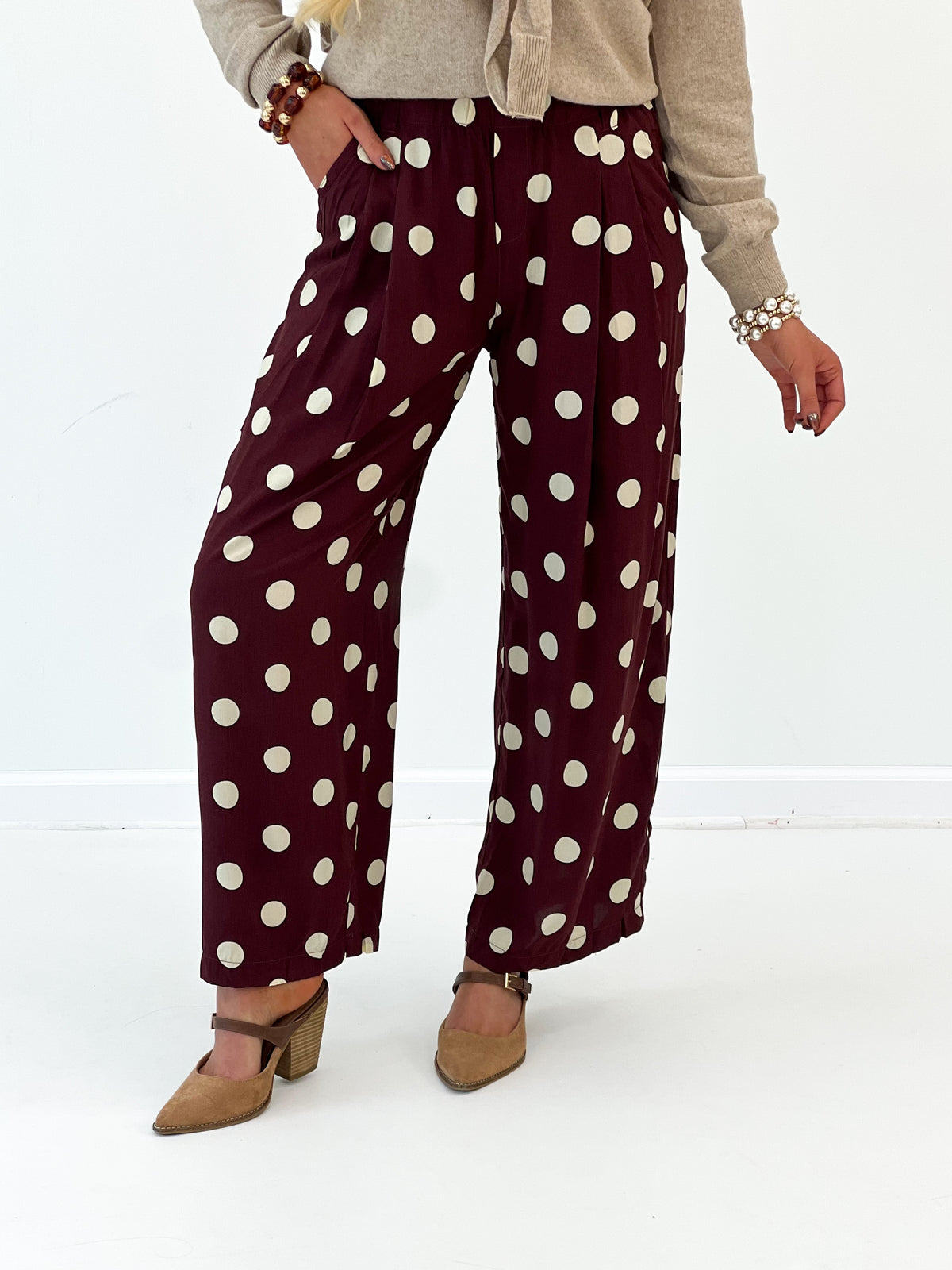 Umgee Polka Dot High Waist Pleated Wide Leg Pants