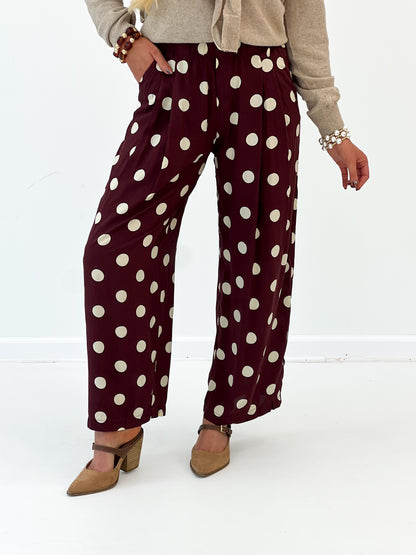Umgee Polka Dot High Waist Pleated Wide Leg Pants