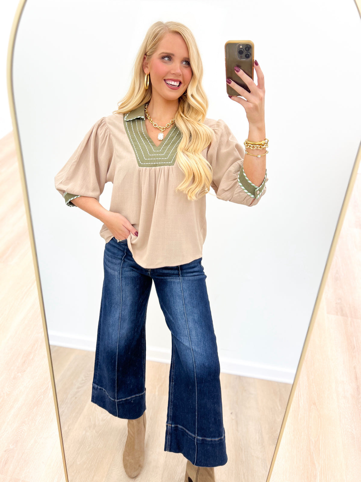 Stone linen v-neck collared blouse with green patterned trim and puff sleeves