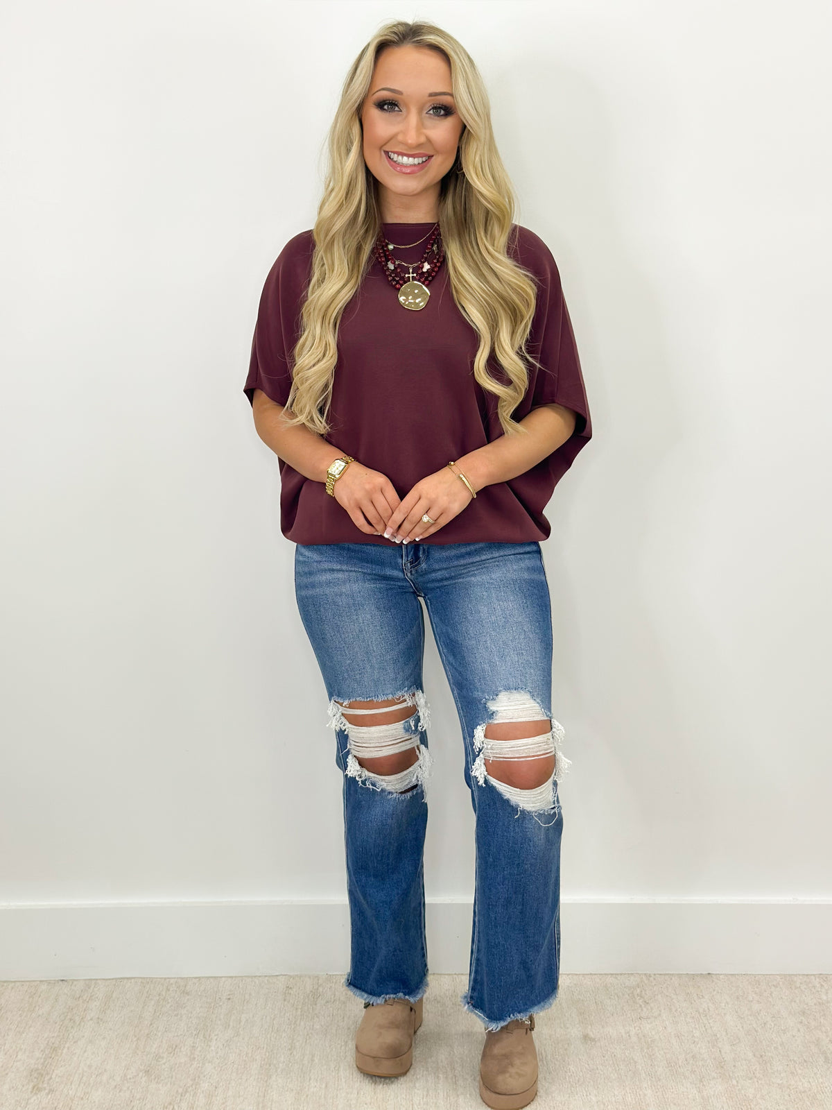 Wine scuba dolman top, short sleeves with roomy fit and crew neckline