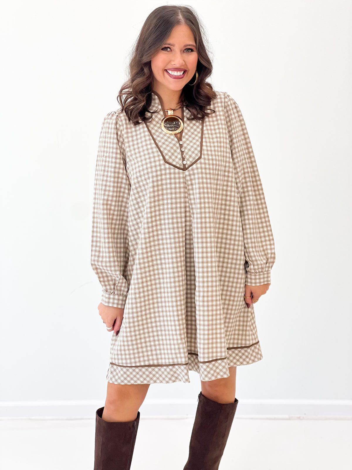 Plaid contrast-collar long-sleeve shift dress in latte with front placket detail