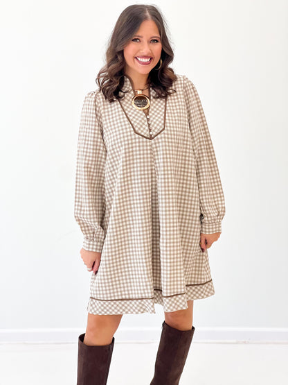 Plaid contrast-collar long-sleeve shift dress in latte with front placket detail