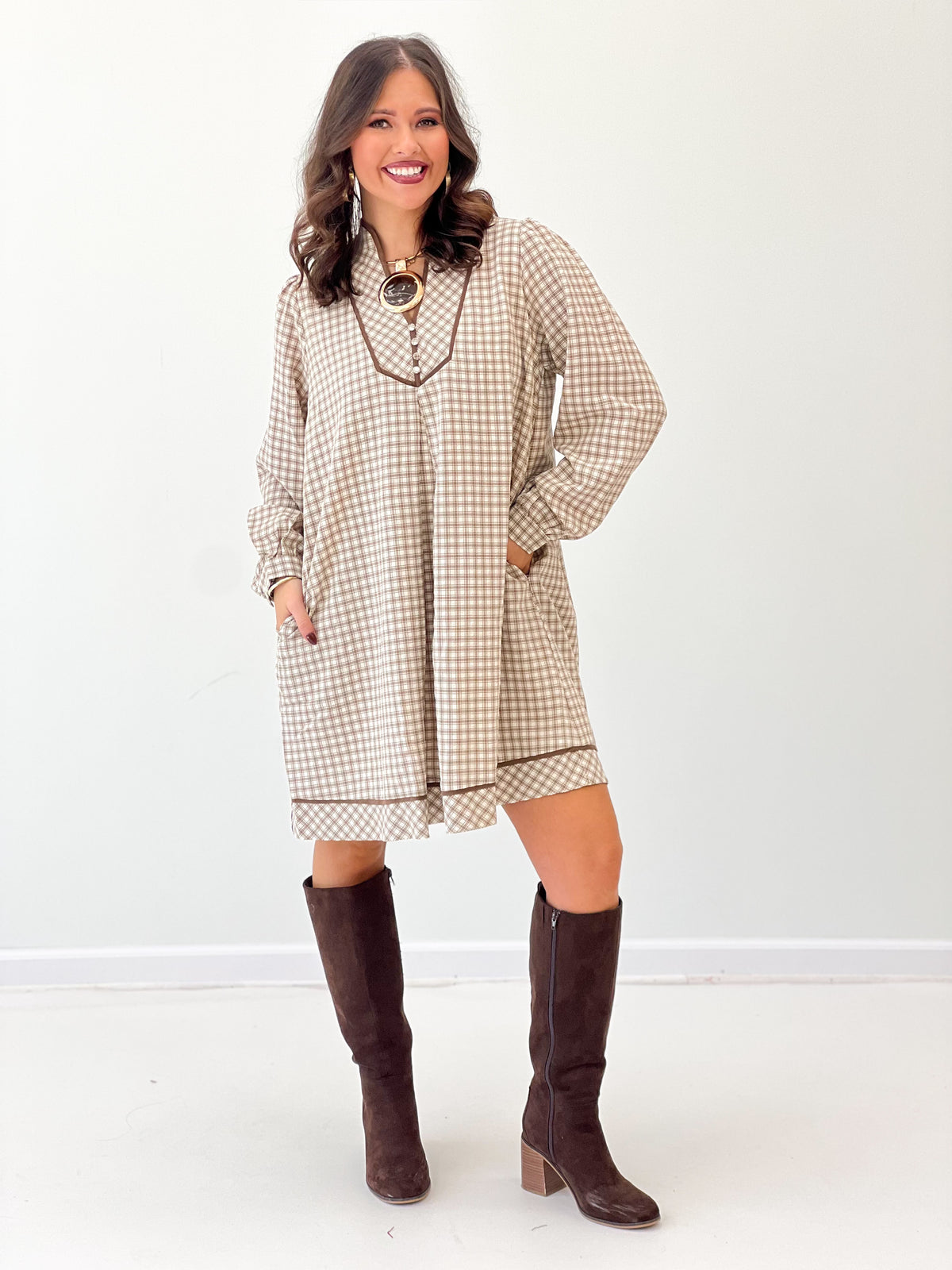 Plaid shift dress with contrast collar, long sleeves, latte check print, knee length