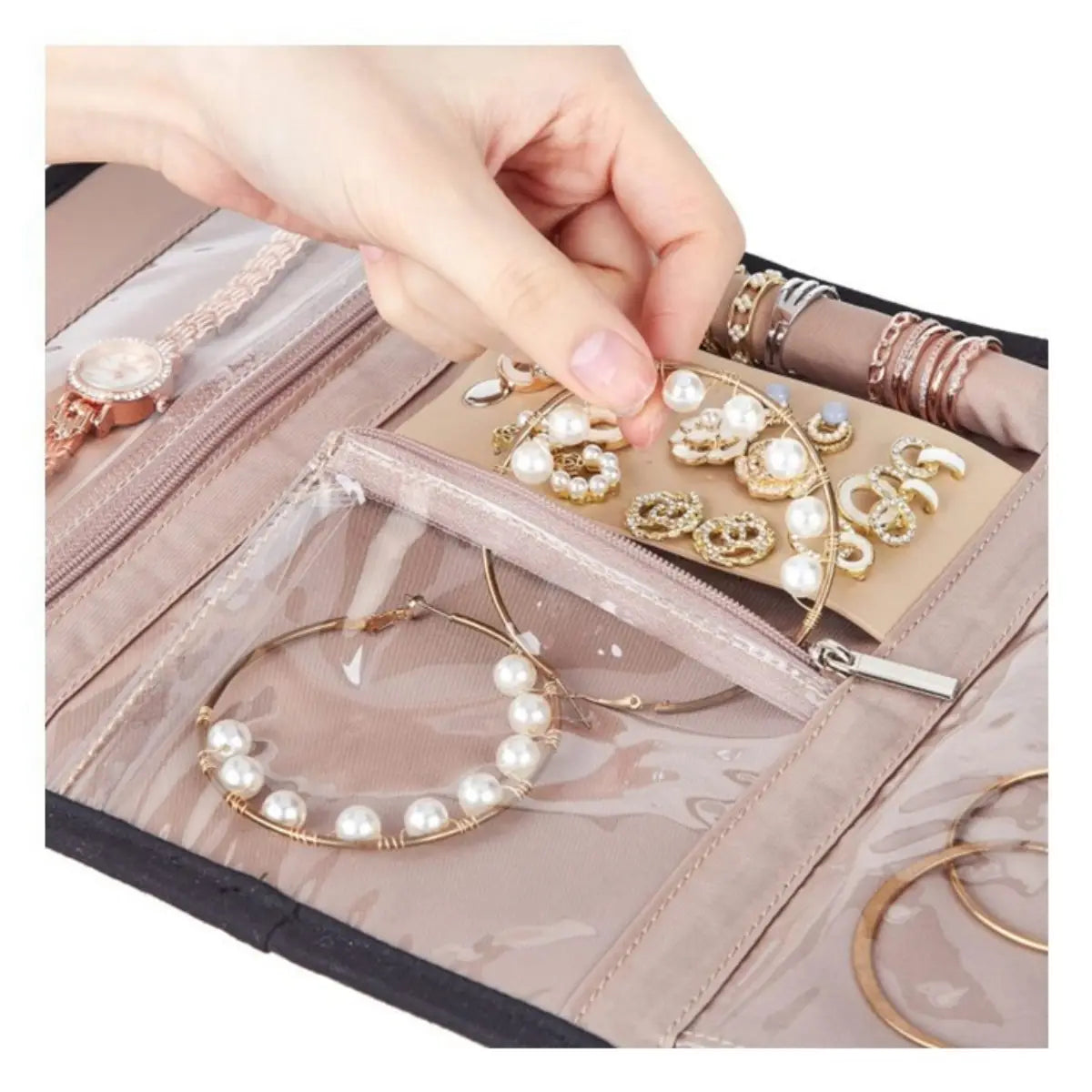 Pink travel jewelry organizer roll with clear pockets, jewelry compartments and zip closure