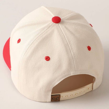 Cream baseball cap with red bill and merry embroidery