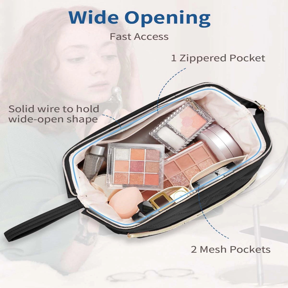 Open makeup organizer bag with wire-supported rim, zip pocket, and two mesh pockets
