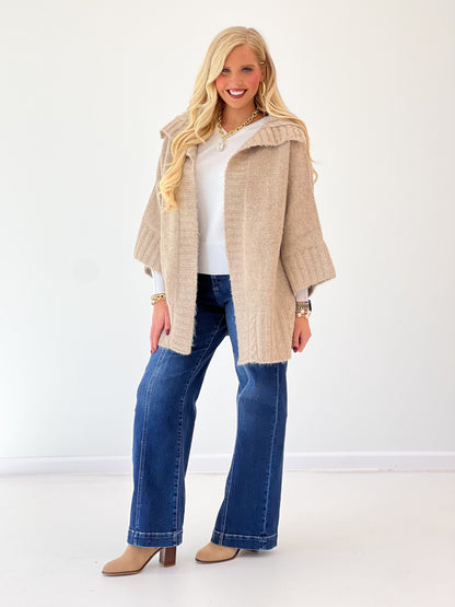 Oatmeal oversized ribbed knit open-front cardigan in shawl-collar style