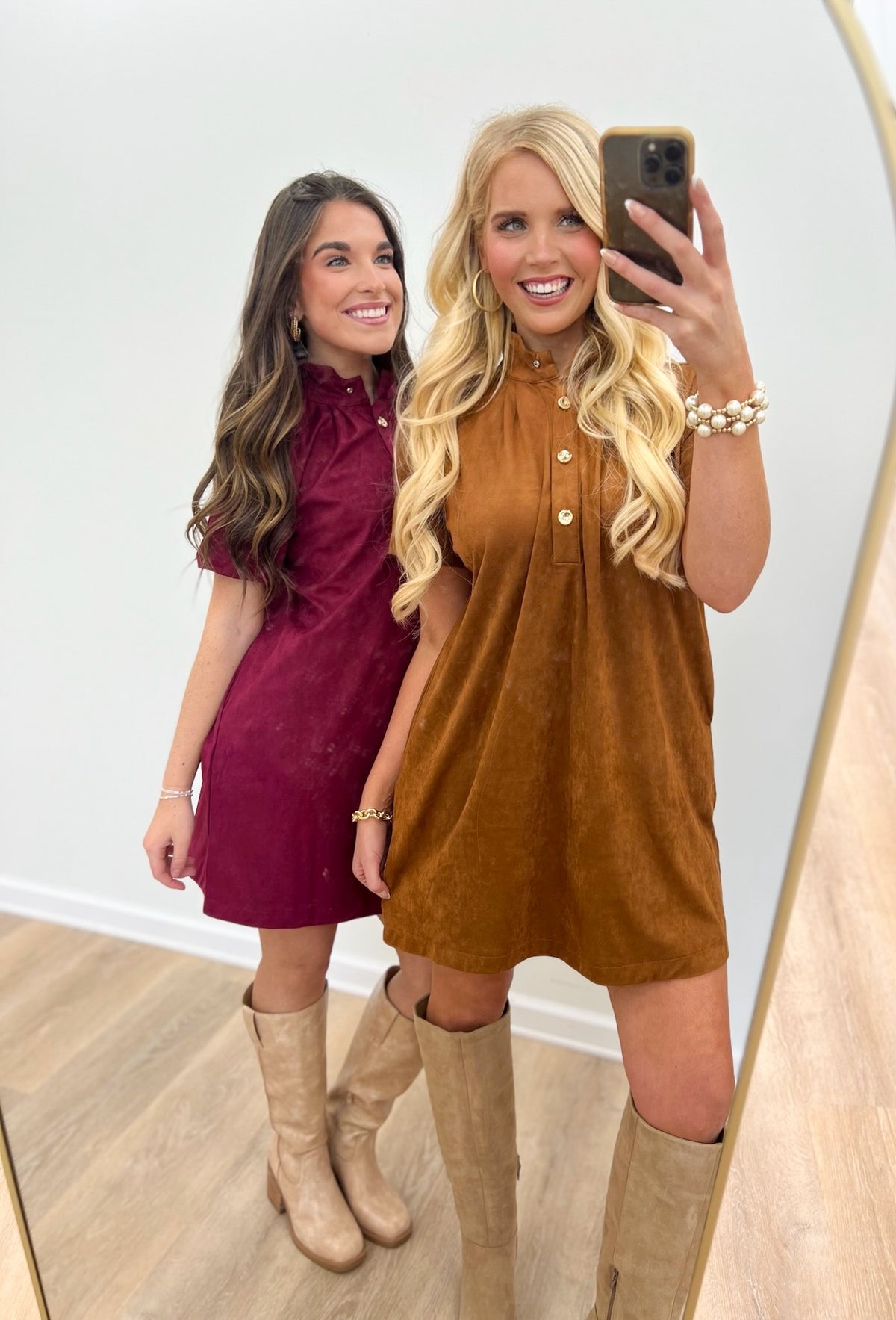 Button-front mini dress, plum and camel, stand collar, short sleeves