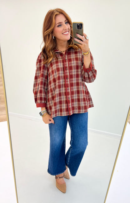 Umgee Plaid Button Front Puff Sleeve Blouse