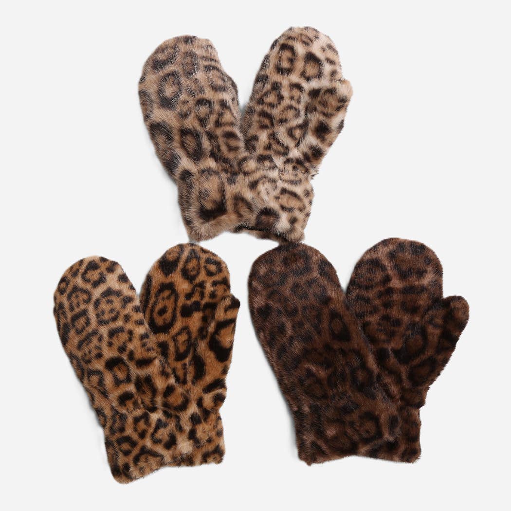 Leopard print faux fur winter mittens