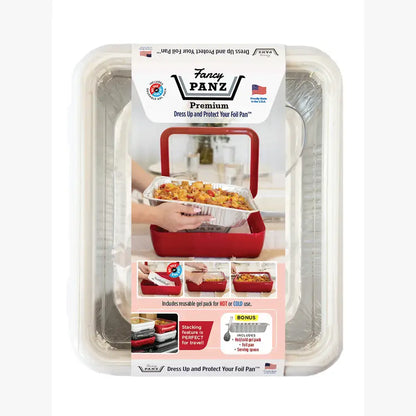 Foil pan carrier set in clear retail packaging with white base and red insert pan