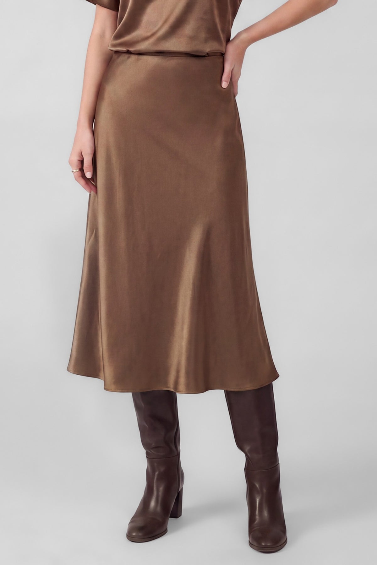 Current Air Bias Cut Slip Midi Skirt in Brown