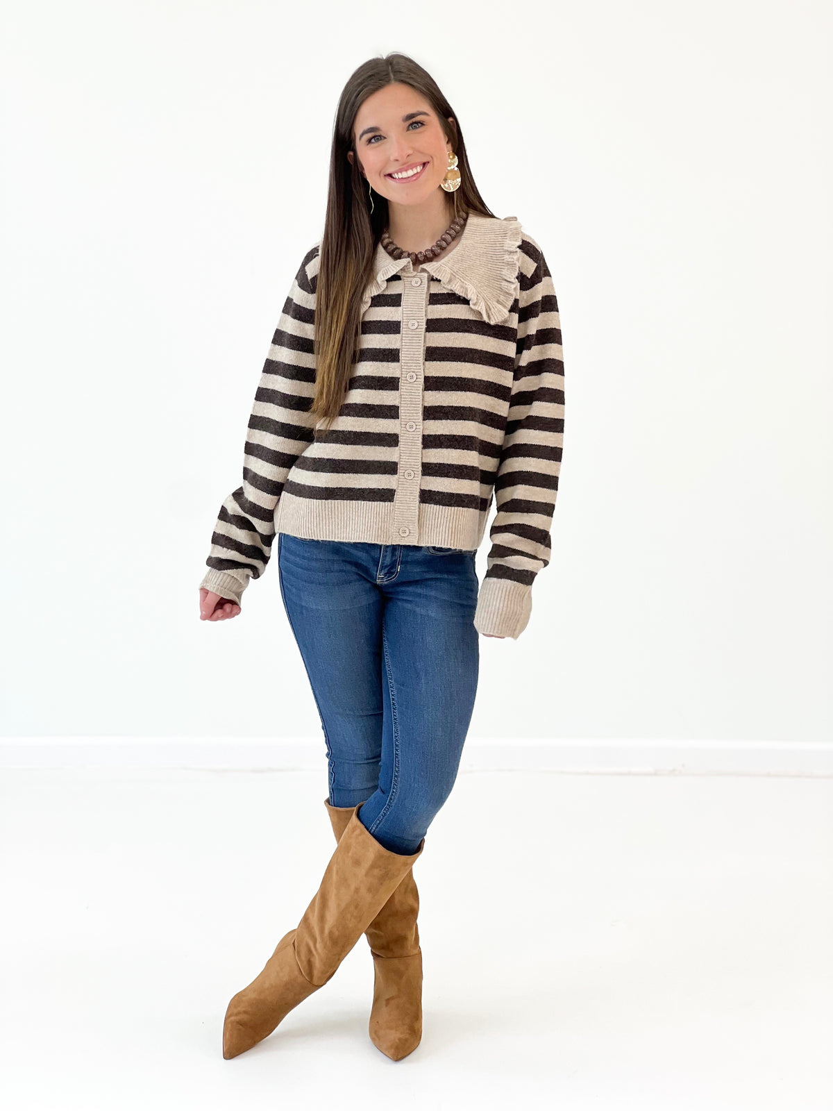 Oatmeal and black striped sweater cardigan with ruffled collar, button-front, ribbed hem