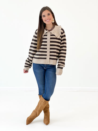 Oatmeal and black striped sweater cardigan with ruffled collar, button-front, ribbed hem