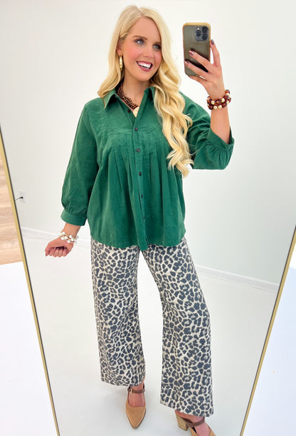 Umgee Corduroy Pleated Button Front Blouse
