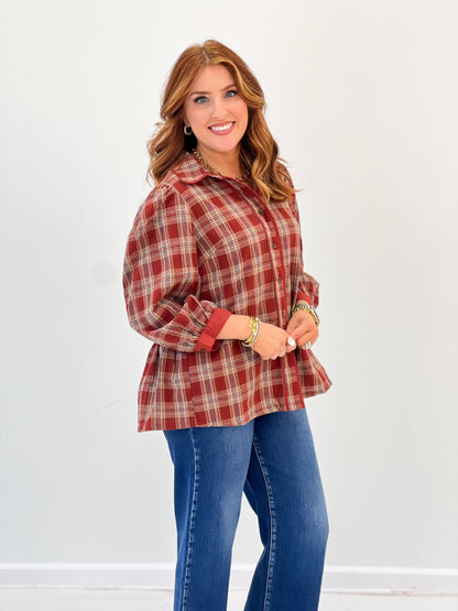 Umgee Plaid Button Front Puff Sleeve Blouse