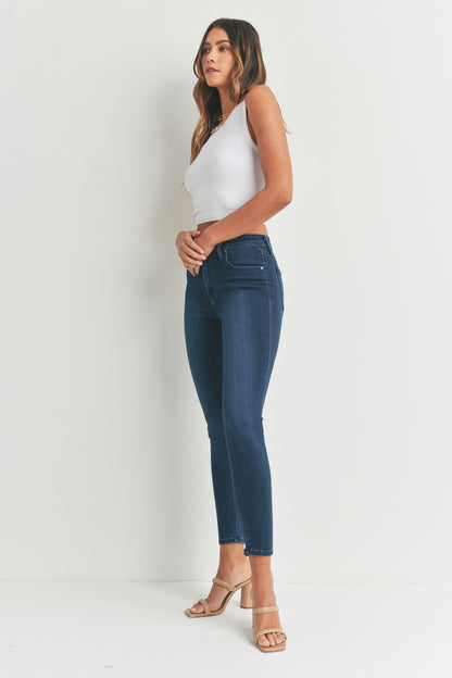 Dark wash skinny jeans with an ankle length hem