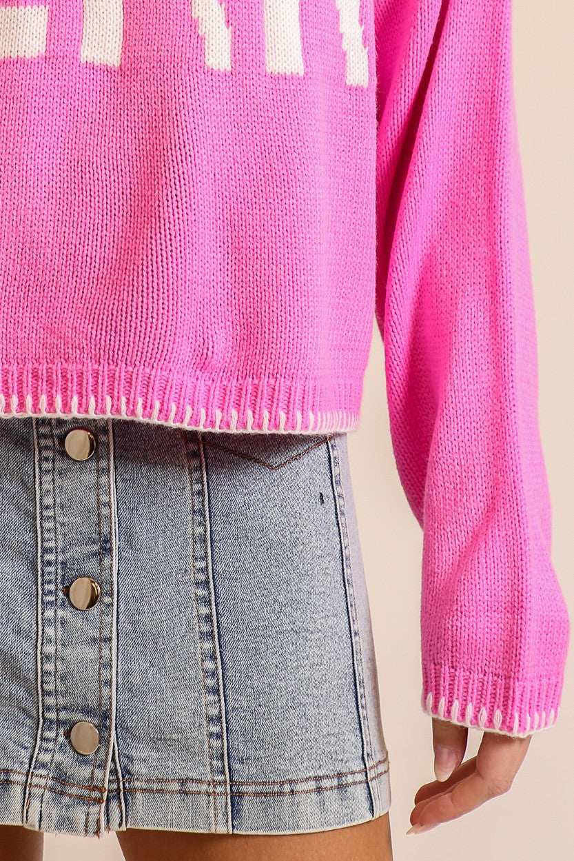 Timing Merry Festive And Chic Holiday Sweater in Pink, flat lay