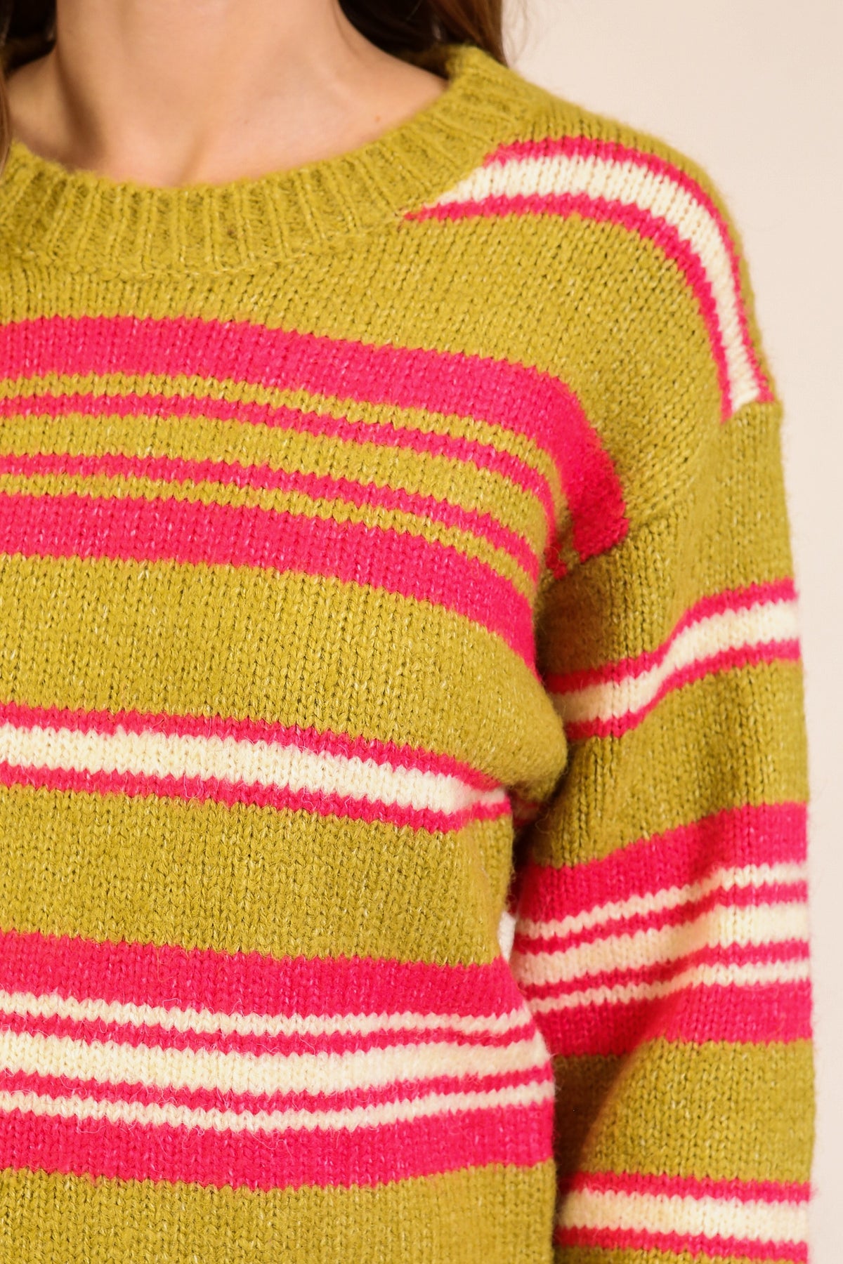 Lumiere Mixed Stripe Crewneck Sweater in Matcha/Fuchsia close-up of stripes and ribbed neckline