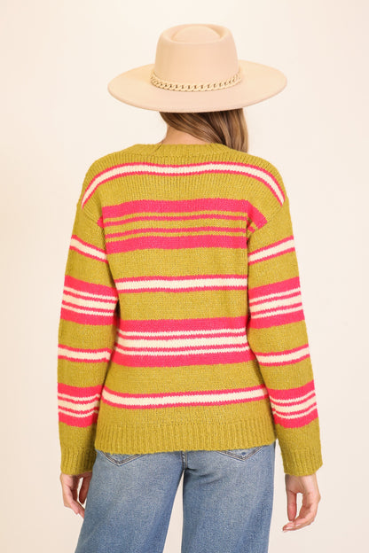 Lumiere Mixed Stripe Crewneck Sweater in Matcha/Fuchsia back view
