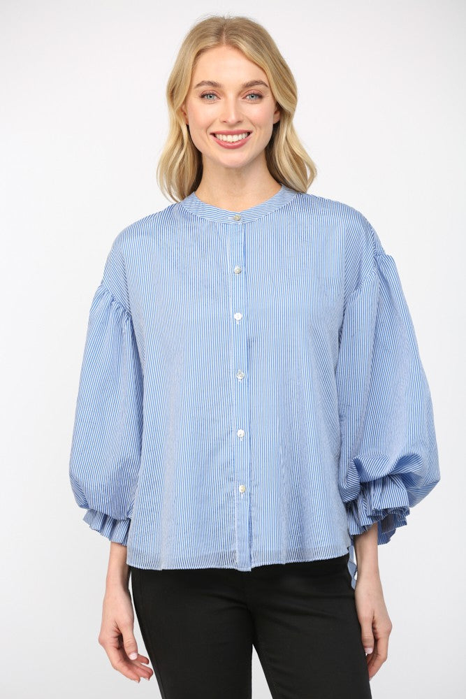 Pinstripe Bubble Sleeve Top in Blue with black pants