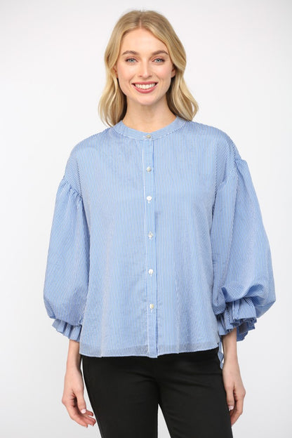 Pinstripe Bubble Sleeve Top in Blue with black pants