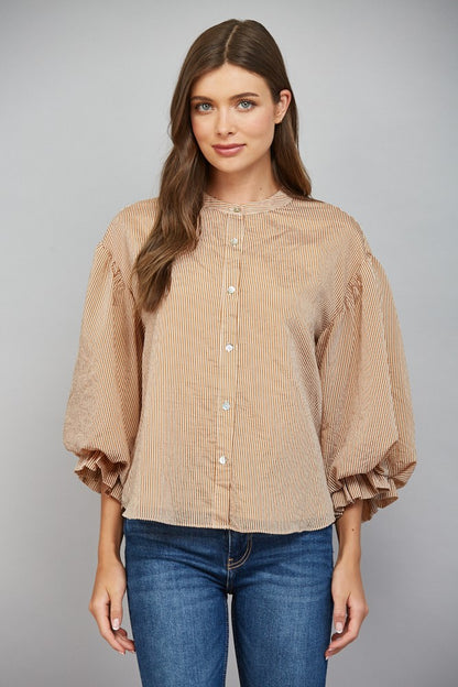 Pinstripe Bubble Sleeve Top in Camel Brown with jeans