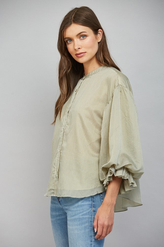 Pinstripe Bubble Sleeve Top in Olive Green side view