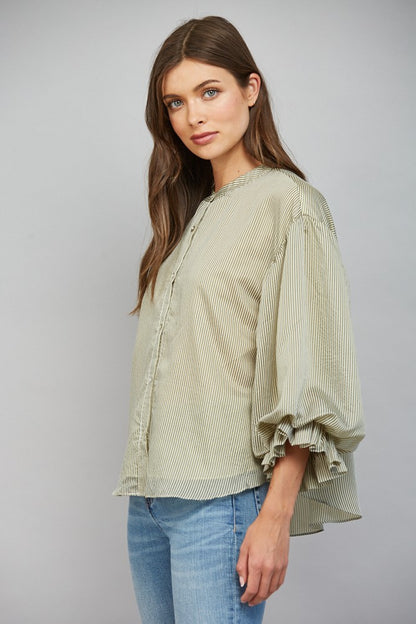 Pinstripe Bubble Sleeve Top in Olive Green side view