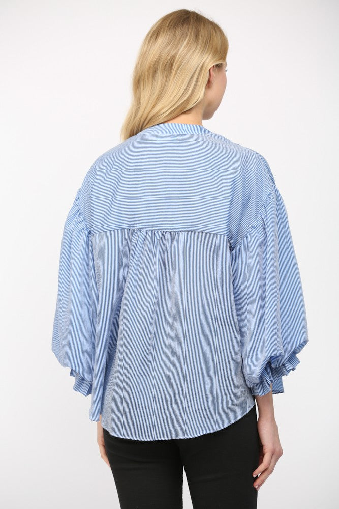 Pinstripe Bubble Sleeve Top in Blue back view